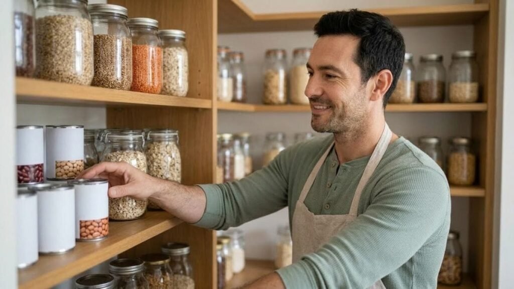 Man checking canned beans and whole grain jars for a healthy grocery list