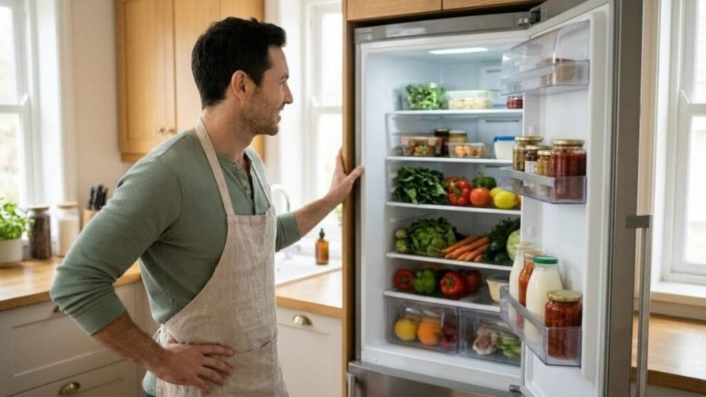 Man checking the fridge before making a healthy grocery list