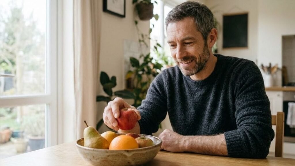 Man choosing fruit from a bowl, a high fiber foods list idea