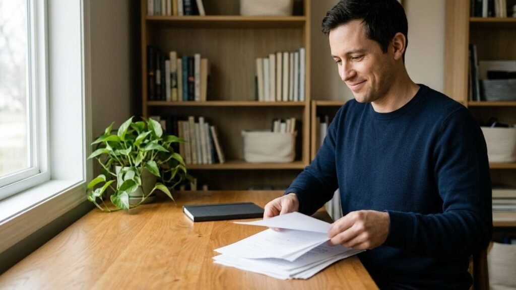 Man clearing papers from a wooden desk beside a window in a home office