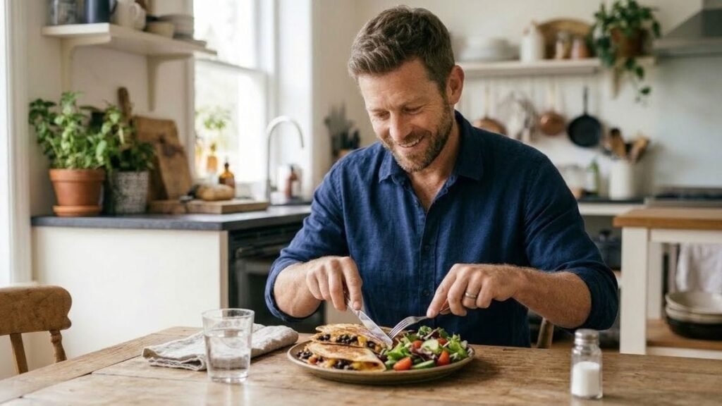 Man eating a black bean quesadilla with salad, quick healthy dinner ideas