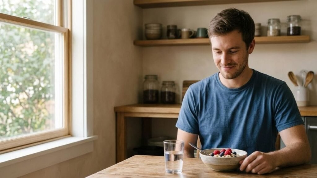 Man eating oatmeal with berries at a bright breakfast table next to a glass of water