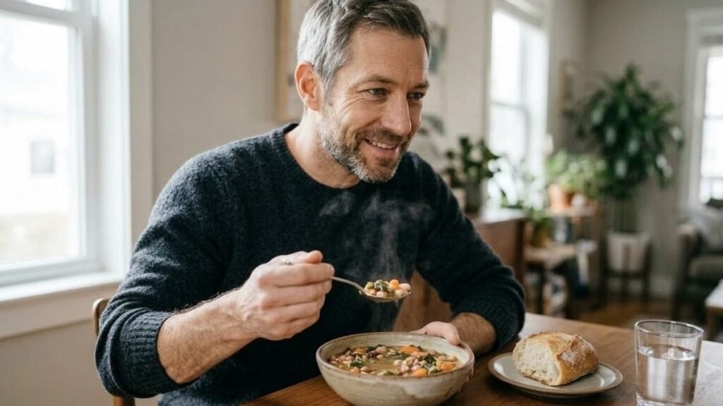 Man enjoying bean and vegetable soup, a meal from a high fiber foods list