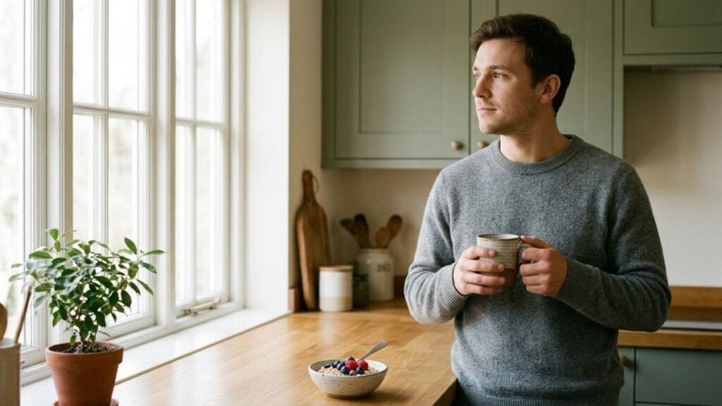 Man holding a mug beside a bright kitchen window above a bowl of oatmeal