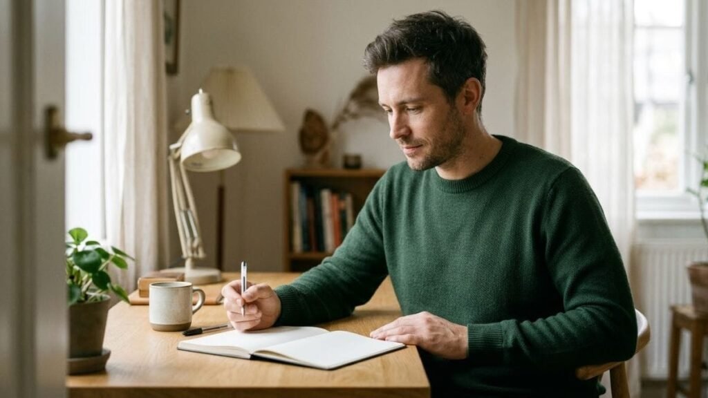 Man holding a pen over a blank notebook at a desk in a home office