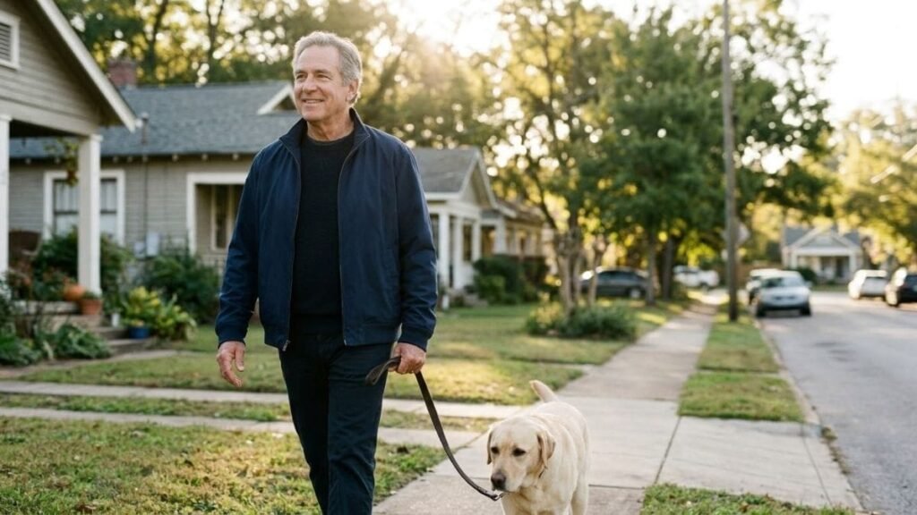 Man in his sixties walking a labrador along a quiet street in morning light