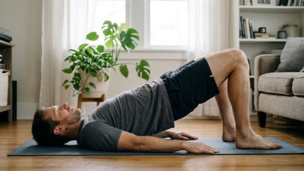 Man lifting his hips in a glute bridge on a mat in a living room