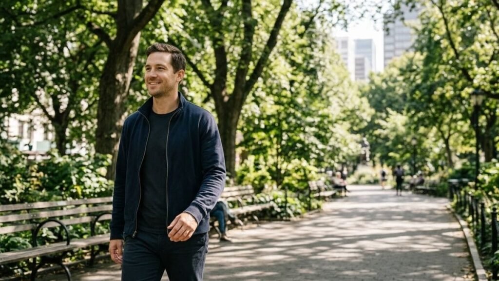Man on a relaxed lunchtime walk along a park path, one of eight healthy daily habits