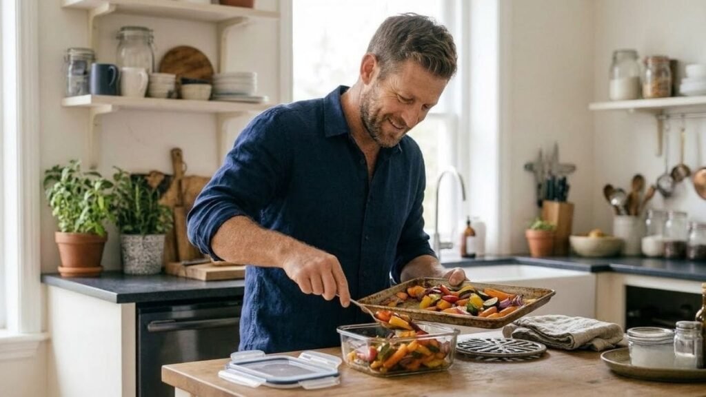Man packing leftovers, a tip within quick healthy dinner ideas