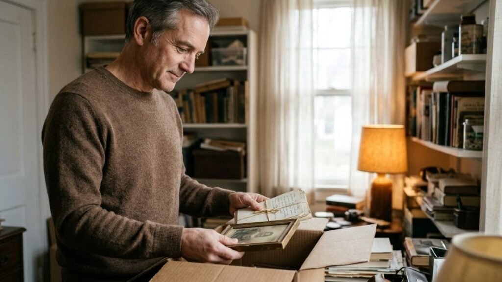 Man placing framed photos into a single keepsake box in a spare room