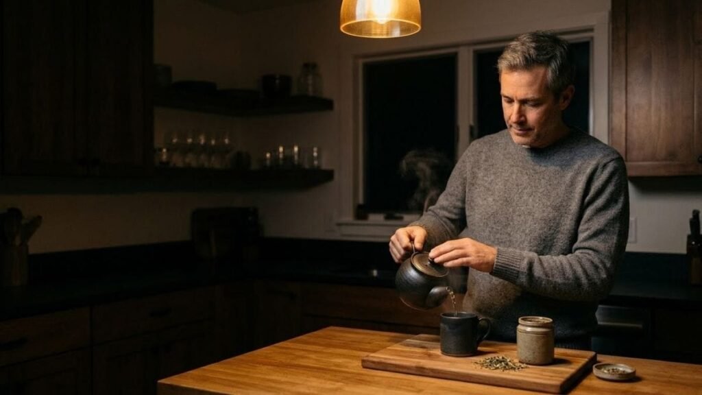 Man pouring herbal tea in a dim kitchen, part of a night routine for better sleep