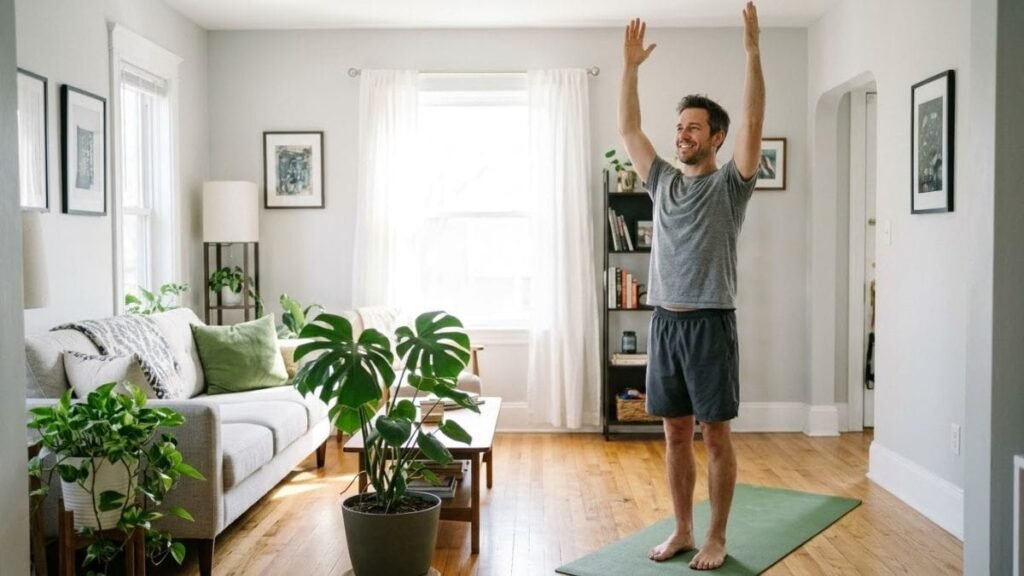 Man reaching overhead in an upward salute pose on a mat, yoga for beginners at home