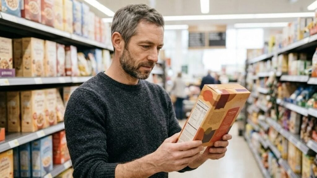 Man reading the fiber line on a cereal box, a high fiber foods list tip