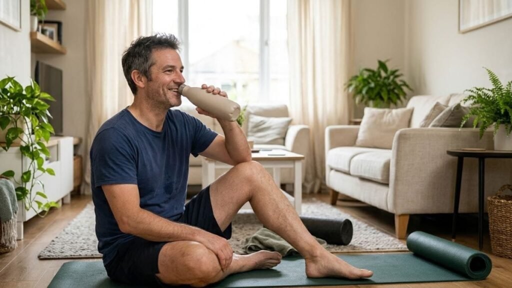 Man resting on the floor drinking water after a home workout without equipment