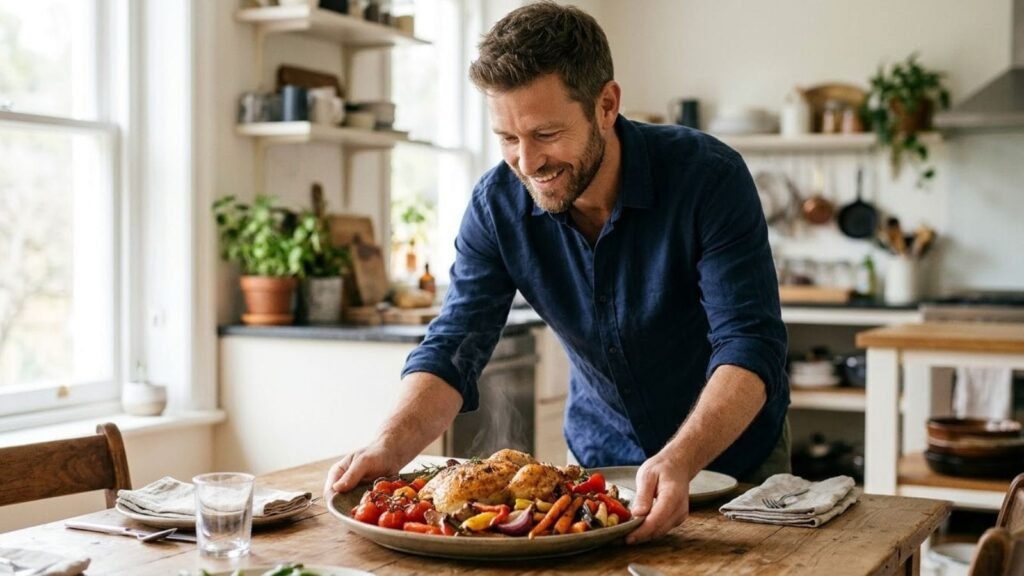 Man serving a plate of baked chicken and vegetables, quick healthy dinner ideas