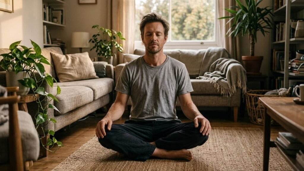 Man sitting on a floor mat breathing slowly, one of the healthy living habits for stress