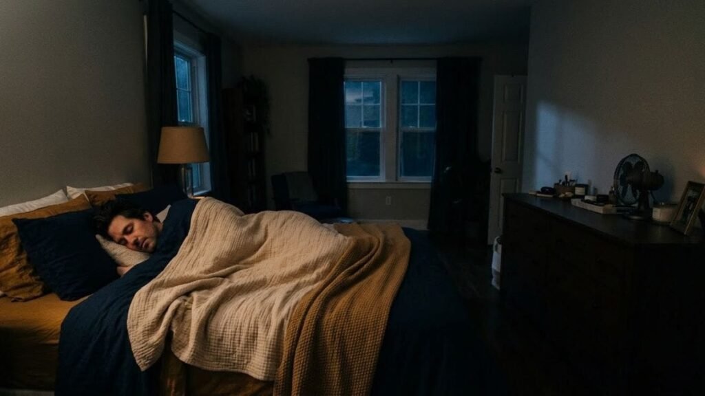 Man sleeping on his side in a cool dark bedroom under a light blanket