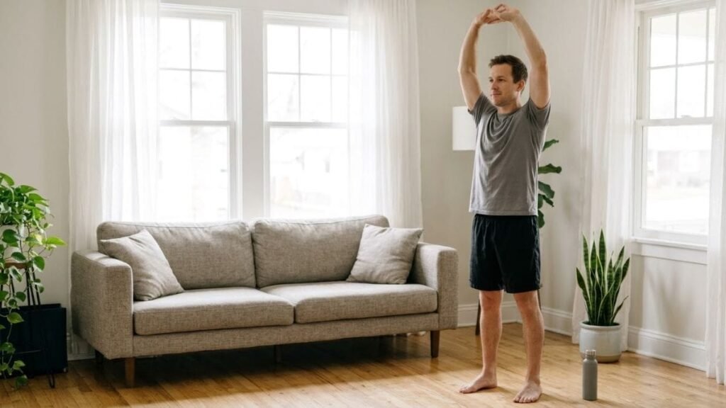 Man stretching his arms overhead in a living room before a home workout