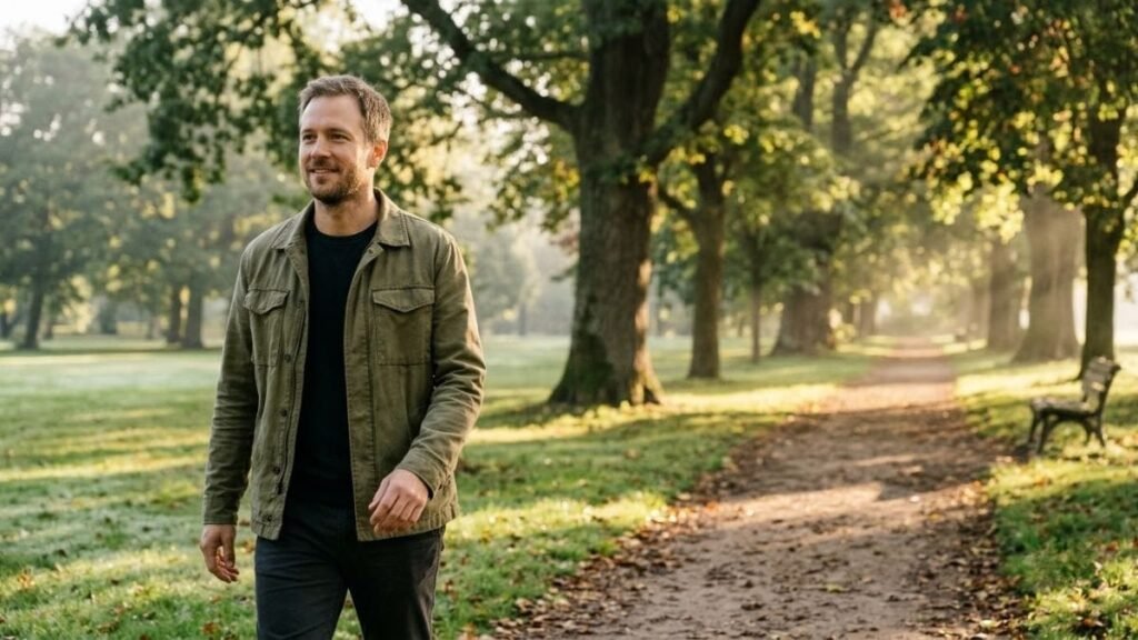 Man walking a tree-lined park path in soft daylight as part of simple morning routine ideas