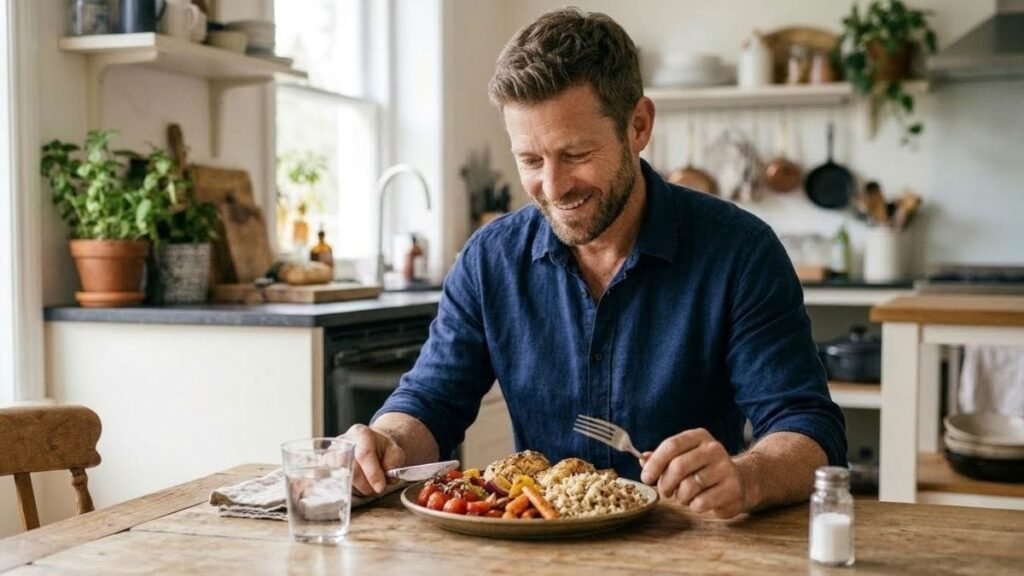 Man with a balanced dinner plate, quick healthy dinner ideas