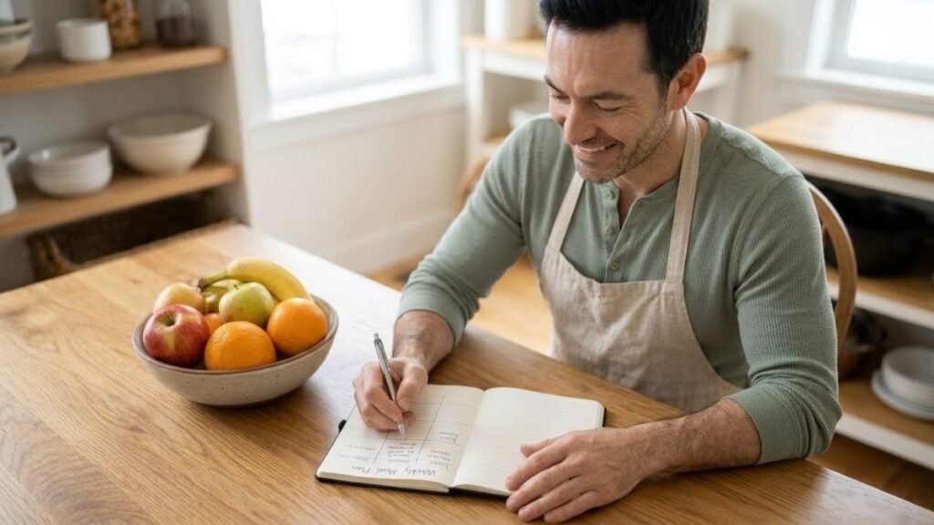 Man with a weekly meal plan notebook and fruit bowl for a healthy grocery list
