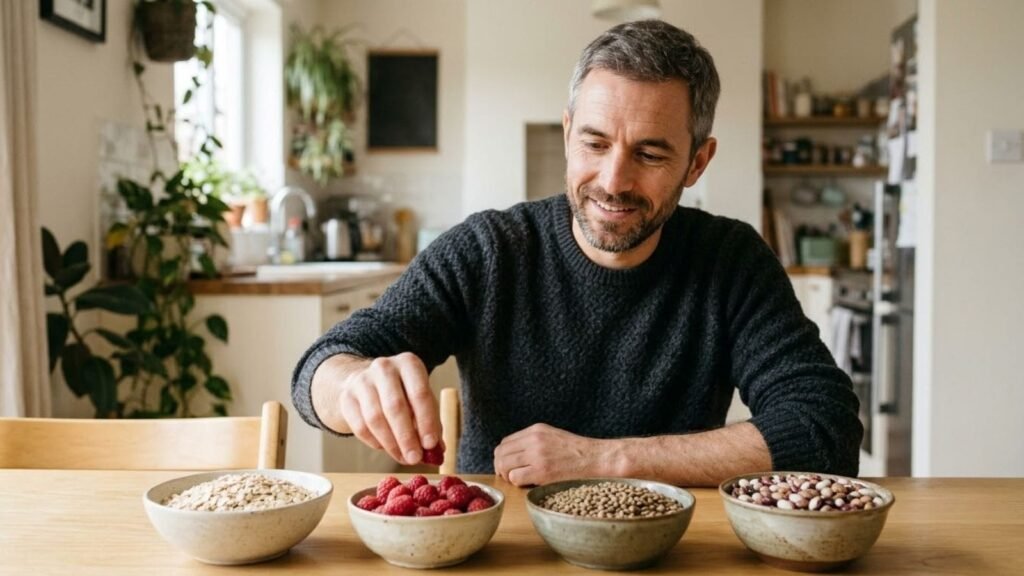 Man with beans, lentils, raspberries and oats from a high fiber foods list