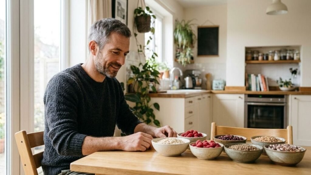 Man with bowls of high fiber foods from a high fiber foods list