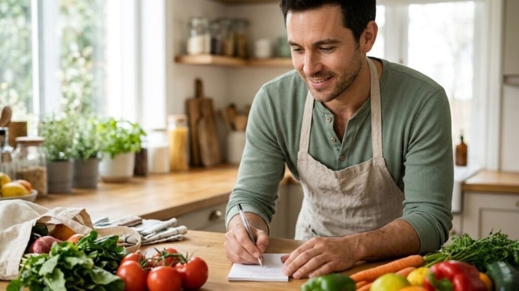 Man writing a healthy grocery list beside fresh produce on a kitchen counter