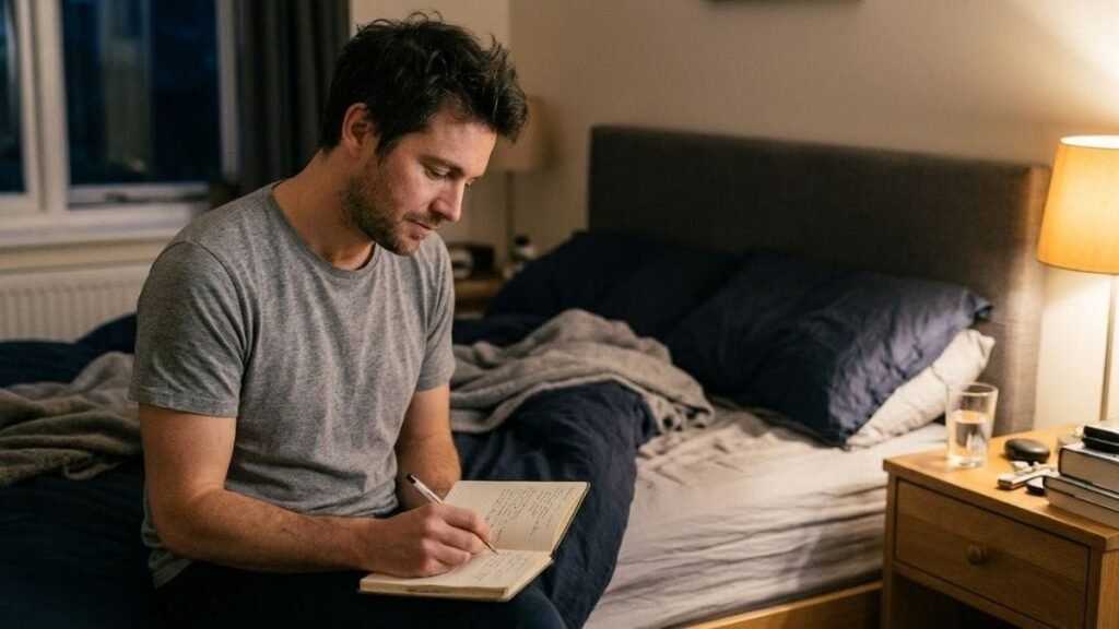 Man writing in a small notebook on his bed in the evening, how to start journaling