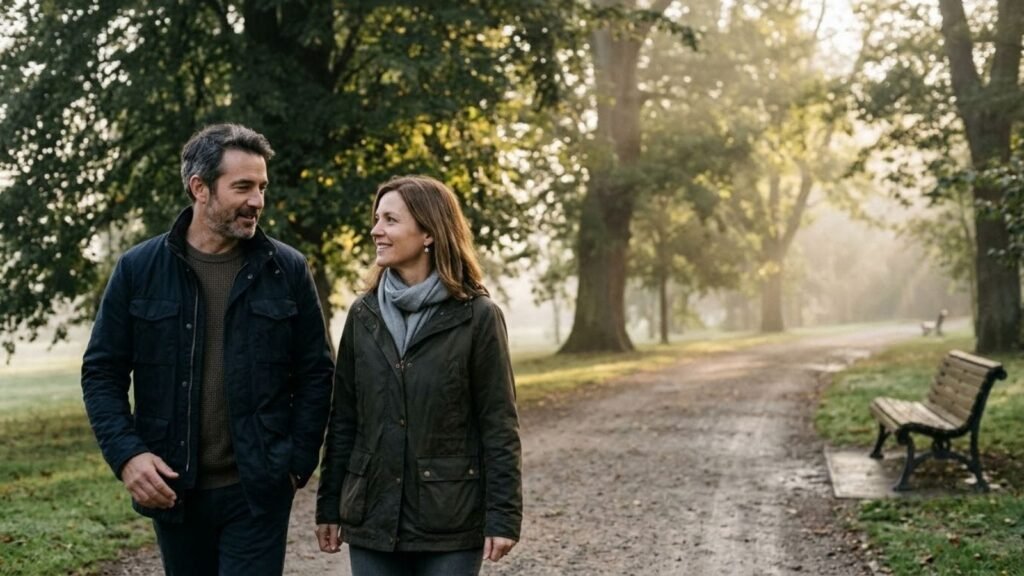 Middle-aged couple walking a quiet park path, building healthy living habits together