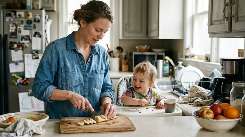 Mother slicing a banana beside her smiling toddler in a high chair during a busy morning