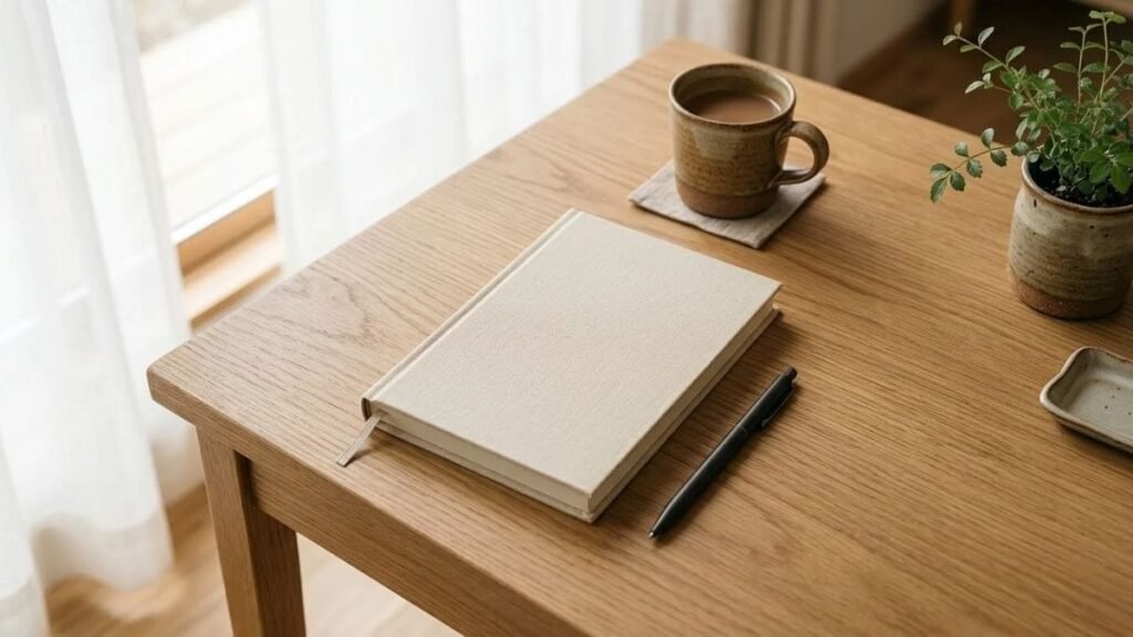  Notebook open to a blank page with a pen beside a mug