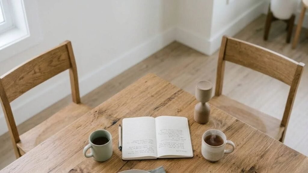 Notebook, two cups of tea and a small timer on a quiet table