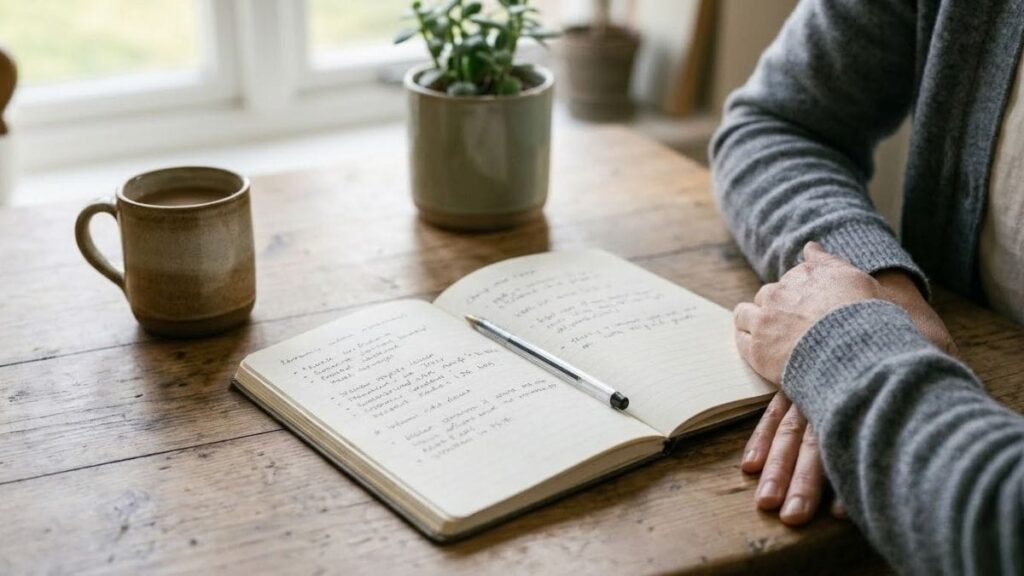 Open notebook with handwritten bullet points and a cup of tea on a wooden desk