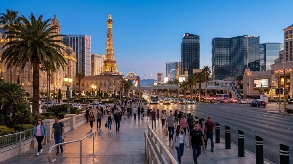 Palm-lined Las Vegas boulevard during spring evenings