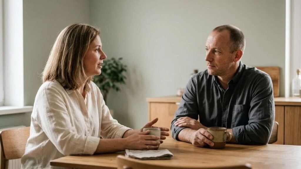 Partner listening attentively at a kitchen table during a check-in