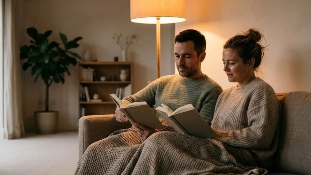 Partners reading side by side, a picture of the 80 20 rule in a relationship