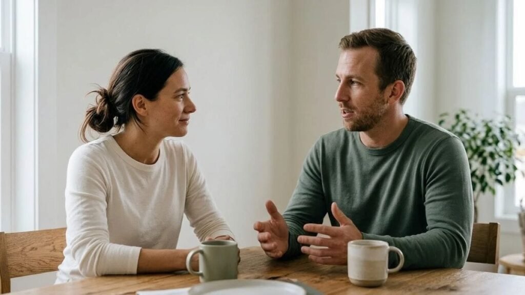 Partners seated across a table showing eye contact while one listens