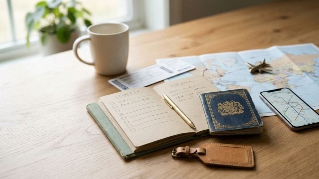 Passport and notebook on a desk showing how to plan an international trip