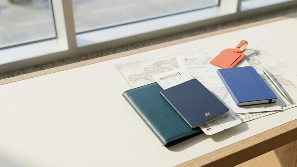 Passport, boarding pass and travel organizer for a Travel Documents Checklist