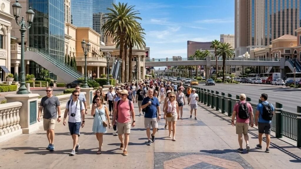 Pedestrians enjoying sunny weather during the best time to visit Las Vegas