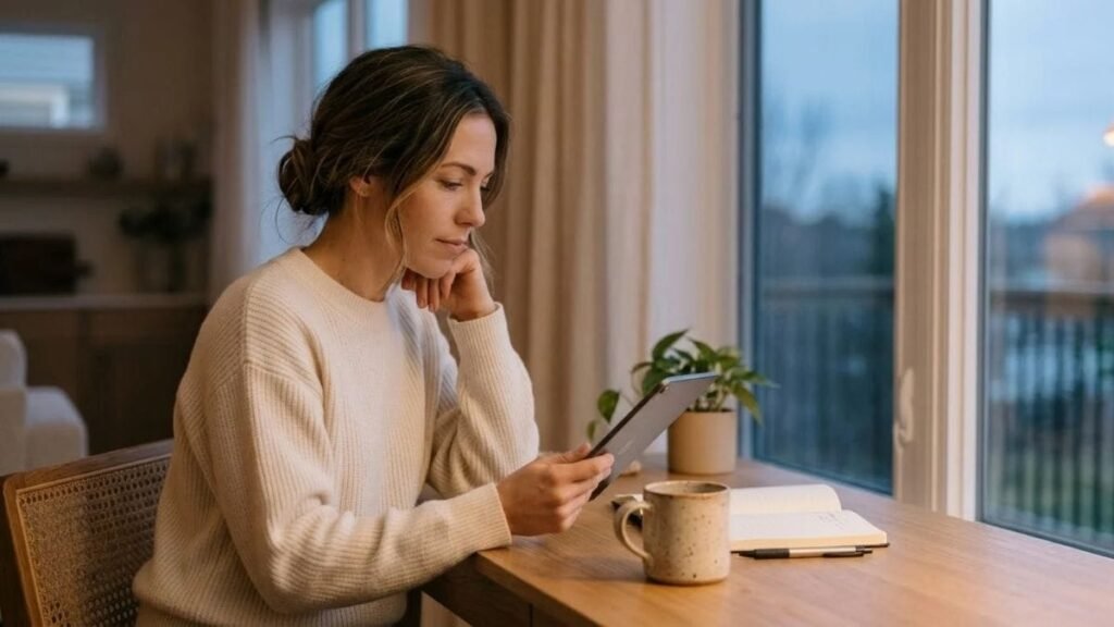 Person choosing between two options on a tablet at a desk