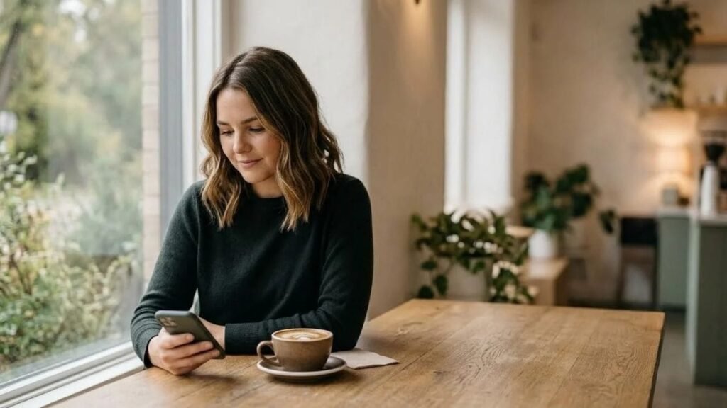Person holding a phone with a calm expression at a cafe table
