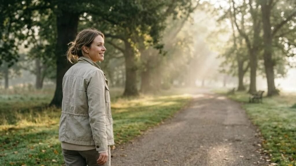 Person walking alone on a park path at sunrise