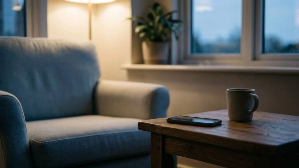  Phone face down on a side table beside a mug in a quiet room