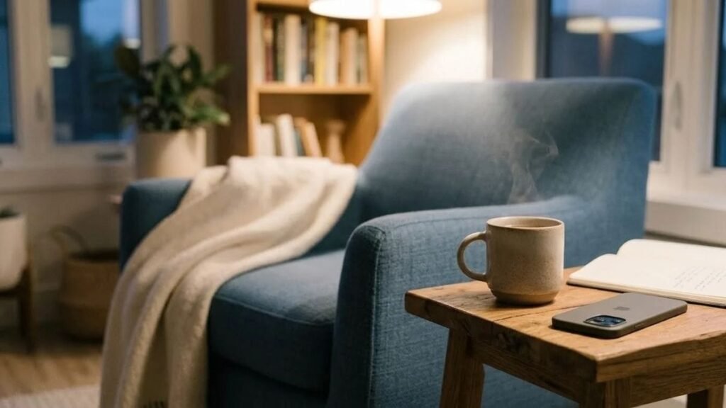 Phone lying face down beside a mug in a quiet corner