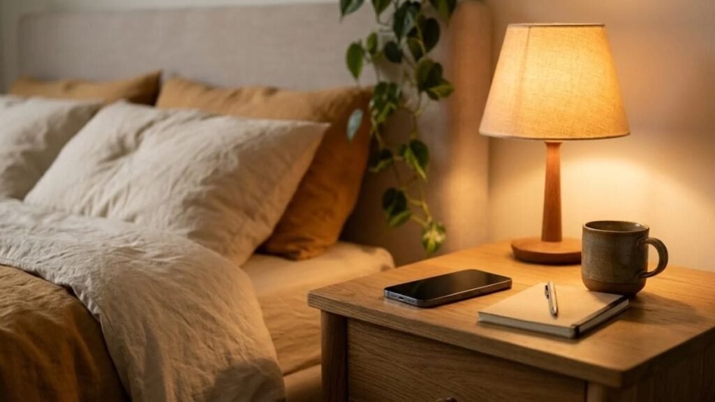 Phone, notebook and lamp on a bedside table at night