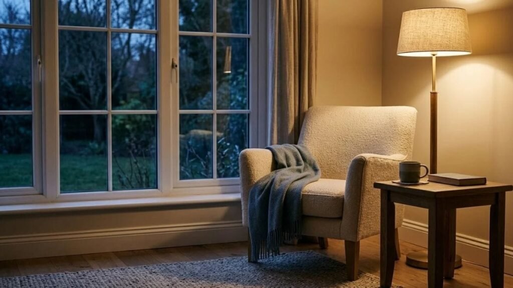 Quiet armchair by a window with a lamp at dusk