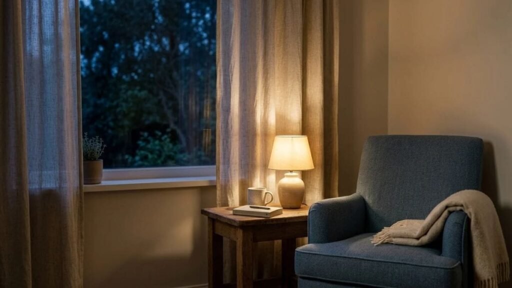 Quiet armchair corner with a lamp and a mug