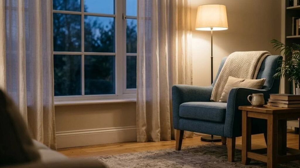 Quiet armchair corner with a lamp and a mug at dusk